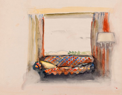 Mildred Bunting Miller: Couch with Window (c. 1920s-1930s) Opaque watercolor 