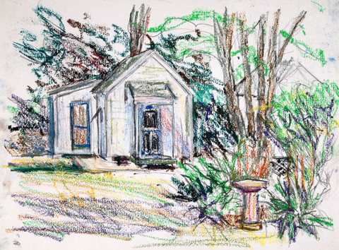 Edith Neff: [House with Bird Bath] (c. 1989) Water soluble crayon over graphite on paper