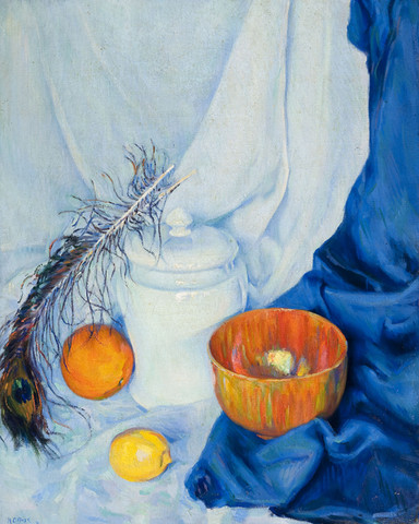Roy C. Nuse: Still Life with Peacock Feather (Undated) Oil on canvasboard