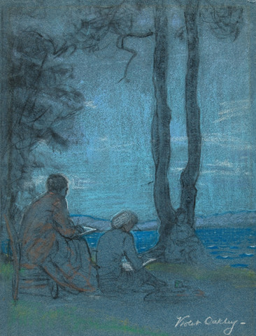 Violet Oakley: Two Figures Seated at Lakeside (c. 1940) Pastel on heavy laid paper