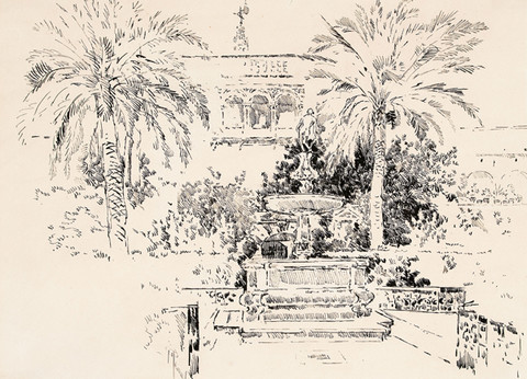 Joseph Pennell: Fountain and Palms (Undated) Pen and ink on heavy woven paper