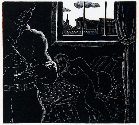 Salvatore Pinto: Self Portrait with Model (c. 1936) Wood engraving