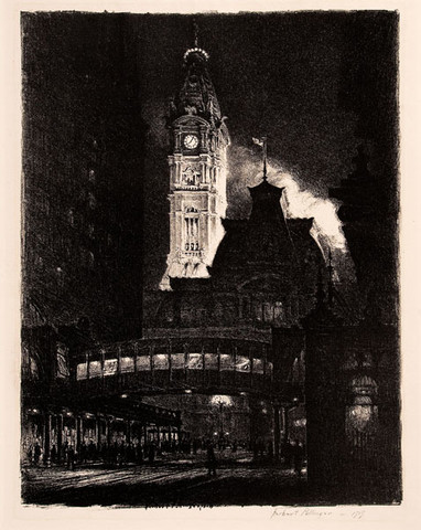 Herbert Pullinger: City Hall at Night (1919) Lithography