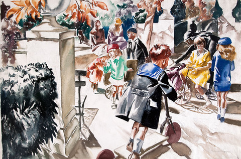 Robert Riggs: Children Playing at Entrance to Park (Undated) Watercolor
