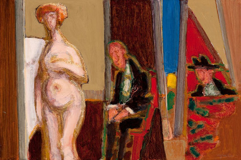 Harry Sefarbi: Brothel scene, nude females with two seated males (1963) Oil on Masonite