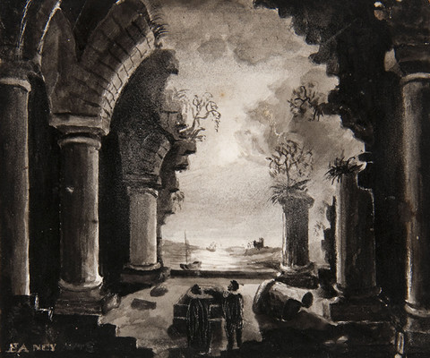 Russell Smith: Scenic Design for the Thalian Society (1830) Inkwash on paper